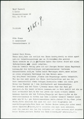 Korrespondenz von Wolf Vostell an Otto Piene