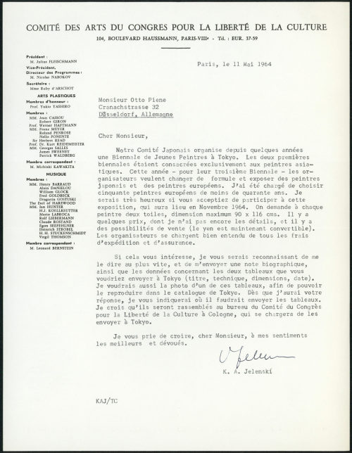 Otto Piene (Empfänger*in), Korrespondenz von Comité des Arts du Congres pour la Liberté de la Culture an Otto Piene, 11.05.1964