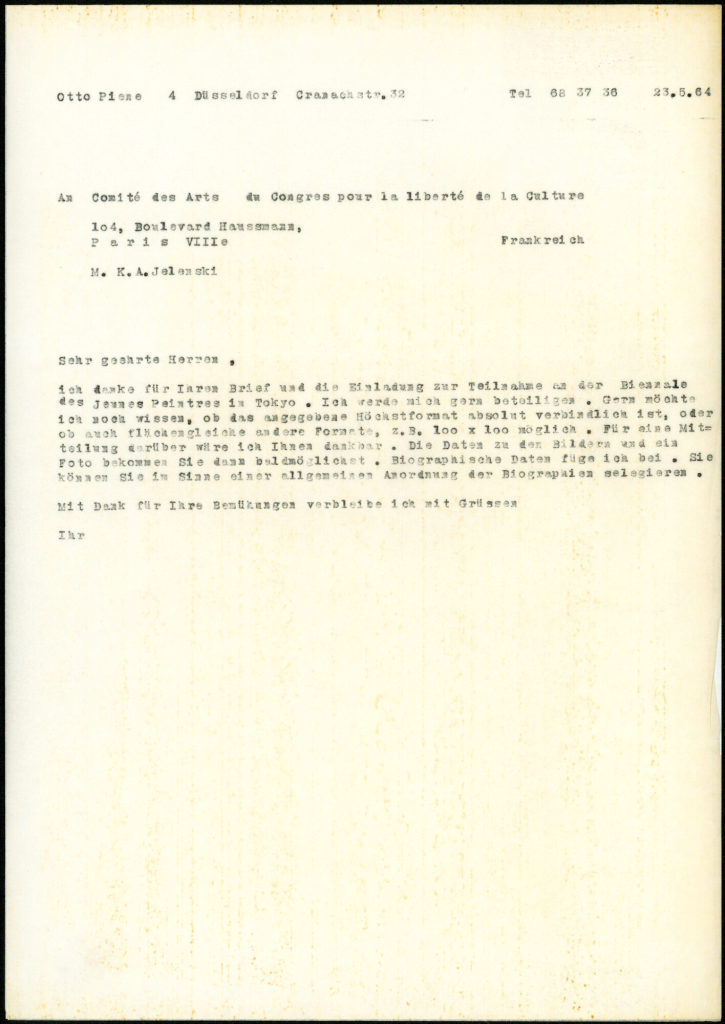 Korrespondenz von Otto Piene an Comité des Arts du Congres pour la Liberté de la Culture, Paris