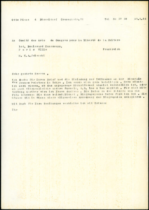 Otto Piene (Absender*in), Korrespondenz von Otto Piene an Comité des Arts du Congres pour la Liberté de la Culture, Paris, 23.05.1964