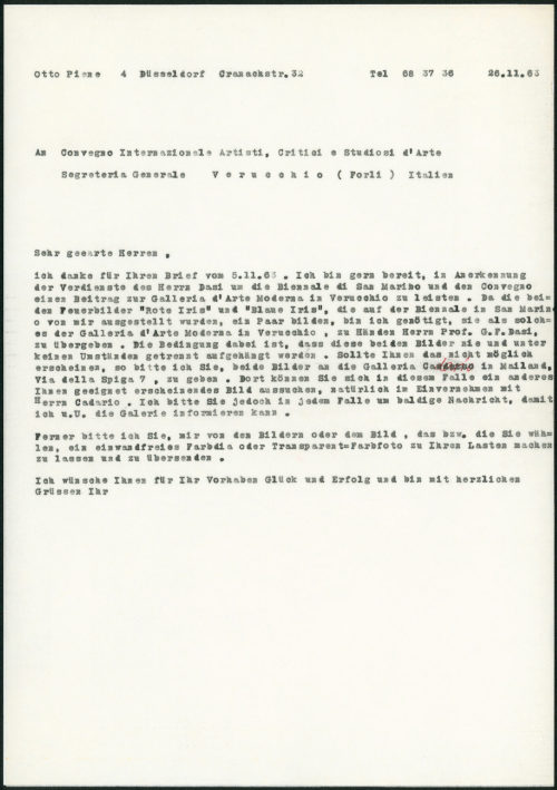 Otto Piene (Absender*in), Korrespondenz von Otto Piene an Convegno Internazionale Artisti, Critici e Studiosi d'Arte, 26.11.1963