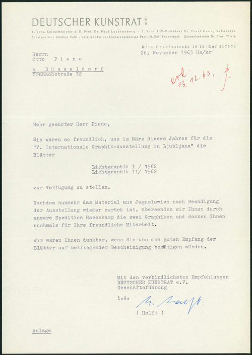 Deutscher Kunstrat e.V. (Absender*in), Korrespondenz von Deutscher Kunstrat e.V. an Otto Piene, 26.11.1963