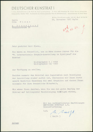 Korrespondenz von Deutscher Kunstrat e.V. an Otto Piene