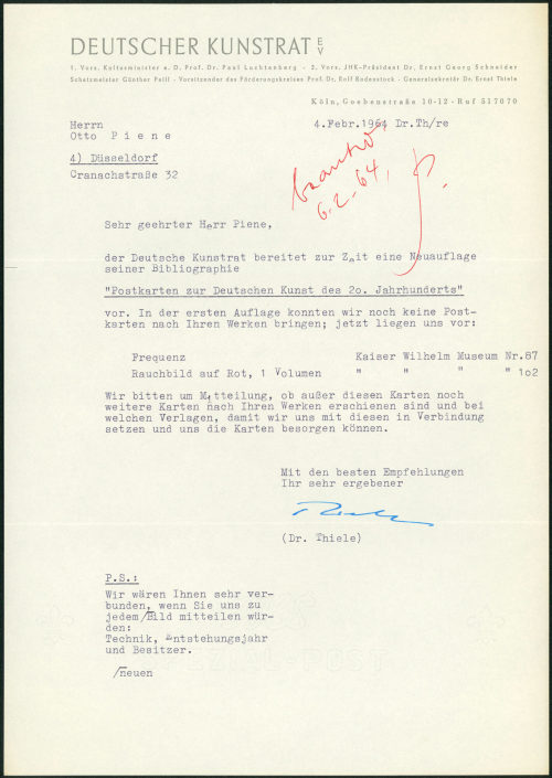 Deutscher Kunstrat e.V. (Absender*in), Korrespondenz von Deutscher Kunstrat e.V. an Otto Piene, 04.02.1964