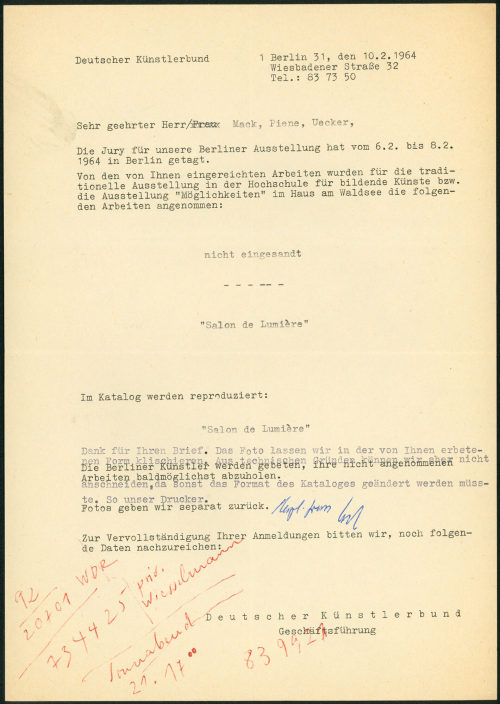 Deutscher Künstlerbund (Absender*in), Korrespondenz von Deutscher Künstlerbund an Heinz Mack, Otto Piene, Günther Uecker, 10.02.1964