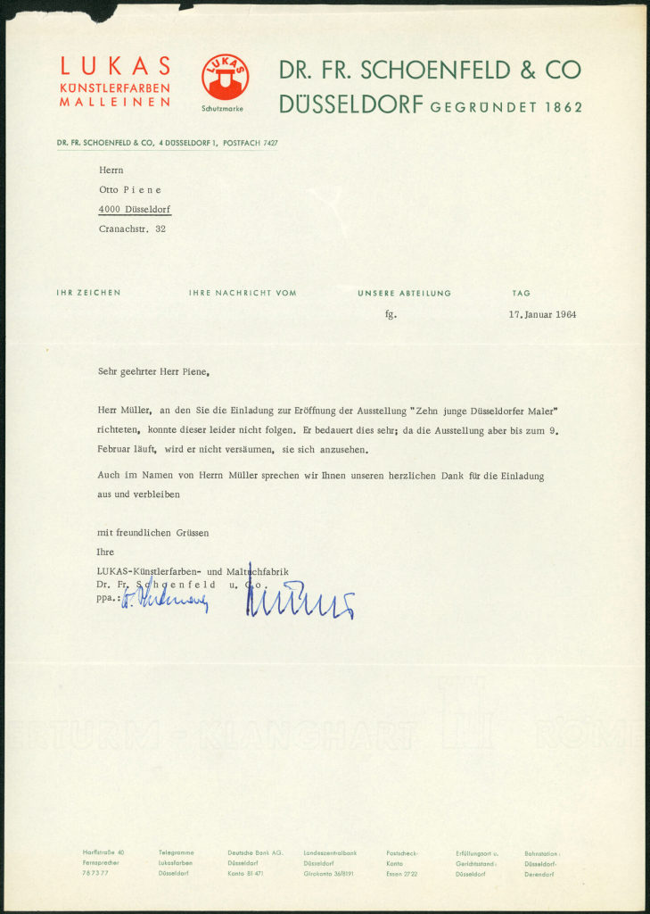 Korrespondenz von Lukas Künstlerfarben- und Maltuchfabrik/ Dr. Fr. Schoenfeld & Co. an Otto Piene