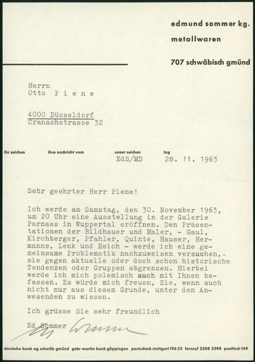 Otto Piene (Empfänger*in), Korrespondenz von Ed Sommer an Otto Piene, 28.11.1963