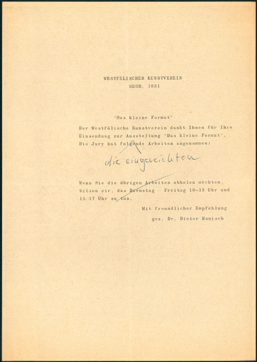 Westfälischer Kunstverein (Absender*in), Korrespondenz von Westfälischer Kunstverein an Otto Piene, ??.??.[1961]