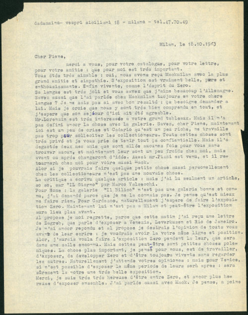 Dadamaino (Absender*in), Korrespondenz von Dadamaino an Otto Piene, 18.10.1963