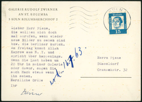 Rudolf Zwirner (Absender*in), Korrespondenz von Galerie Rudolf Zwirner Köln an Otto Piene, [15.07.1963]