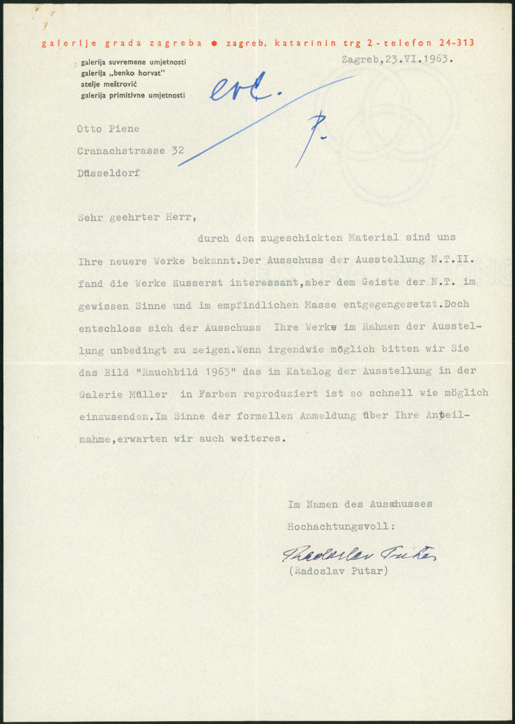 Korrespondenz von Gradska Galerija Suvremene Umjetnosti an Otto Piene