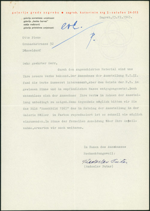 Gradska Galerija Suvremene Umjetnosti (Absender*in), Korrespondenz von Gradska Galerija Suvremene Umjetnosti an Otto Piene, 23.06.1963