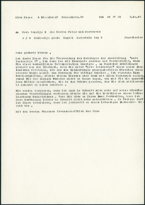 Otto Piene (Absender*in), Korrespondenz von Otto Piene an Gradska Galerija Suvremene Umjetnosti, 03.10.1963