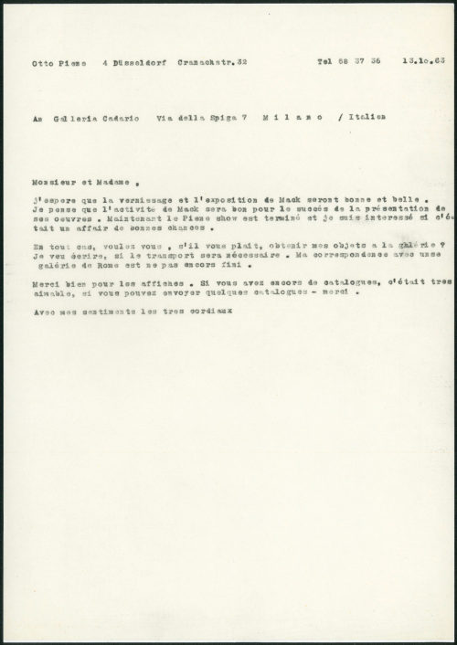 Otto Piene (Absender*in), Korrespondenz von Otto Piene an Galleria Cadario, 13.10.1963