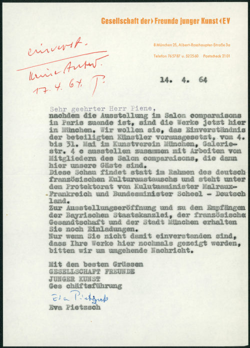 Gesellschaft der Freunde junger Kunst E.V. (Absender*in), Korrespondenz von Gesellschaft der Freunde junger Kunst E.V. an Otto Piene, 14.04.1964