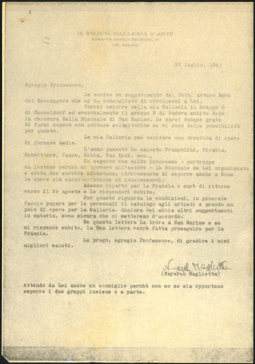 Il Bilico, Galleria d'Arte (Absender*in), Korrespondenz von Il Bilico, Galleria d'Arte, an [Gerardo Filiberto Dasi], 22.07.1963