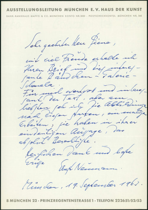 Ausstellungsleitung München e.V. Haus der Kunst (Absender*in), Korrespondenz von Ausstellungsleitung München e.V. Haus der Kunst an Otto Piene, 19.09.1963