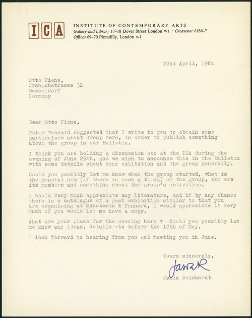 Institute of Contemporary Arts (Absender*in), Korrespondenz von Institute of Contemporary Arts London an Otto Piene, 22.04.1964