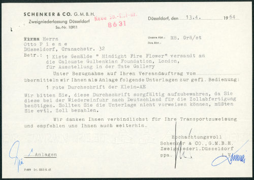 Schenker & Co. GmbH (Absender*in), Korrespondenz von Schenker & Co. GmbH an Otto Piene, 13.04.1964