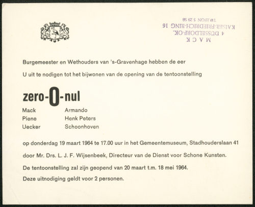 Gemeentemuseum Den Haag (Beteiligte Institution), Zero-0-Nul. Mack, Piene, Uecker, Armando, Peeters, Schoonhoven. Gemeentemuseum Den Haag,19.03.1964, 1964