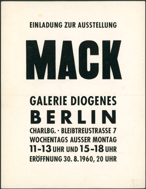 Galerie Diogenes (Beteiligte Institution), Mack. Galerie Diogenes, Berlin, 30.08.1960, 1960