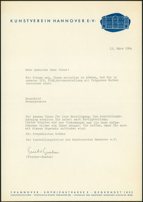 Kunstverein Hannover e.V. (Absender*in), Korrespondenz von Kunstverein Hannover e.V. an Otto Piene, 13.03.1964