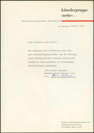 Korrespondenz von Künstlergruppe "arche" e.V. an Otto Piene