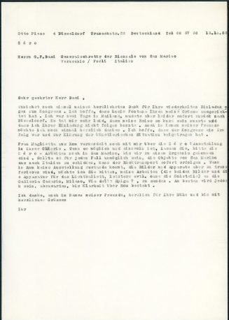 Korrespondenz von Otto Piene an G. F. [Gerardo Filiberto] Dasi, Biennale von San Marino