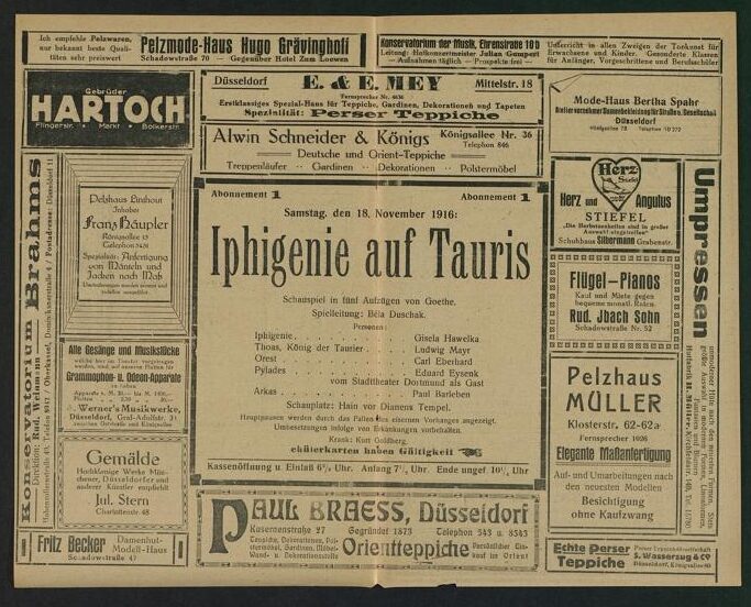 Theaterzettel zur Aufführung von "Iphigenie auf Tauris" von Johann Wolfgang von Goethe, Stadtth ...