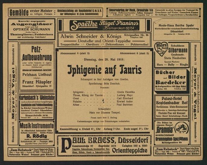 Theaterzettel zur Aufführung von "Iphigenie auf Tauris" von Johann Wolfgang von Goethe, Stadtth ...