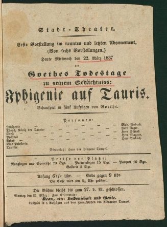 Theaterzettel zur Aufführung von "Iphigenie auf Tauris" von Johann Wolfgang von Goethe, Stadt-T ...