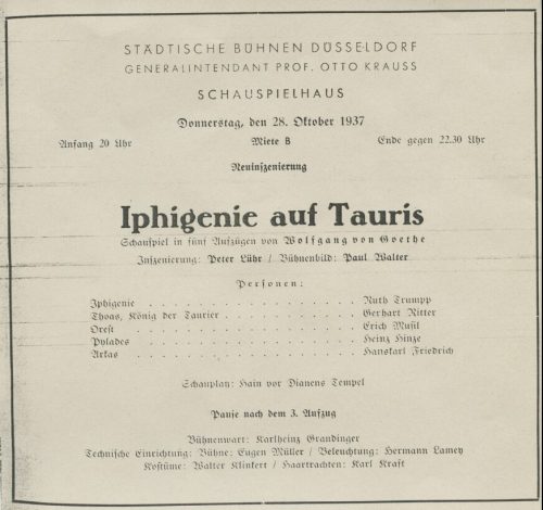 Theaterzettel zur Aufführung von "Iphigenie auf Tauris" von Johann Wolfgang von Goethe, Städtis ...