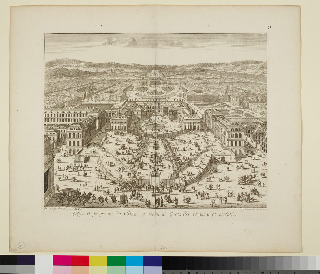 Veüe et perspective du Château et jardin de Versailles, comme il est apresant.