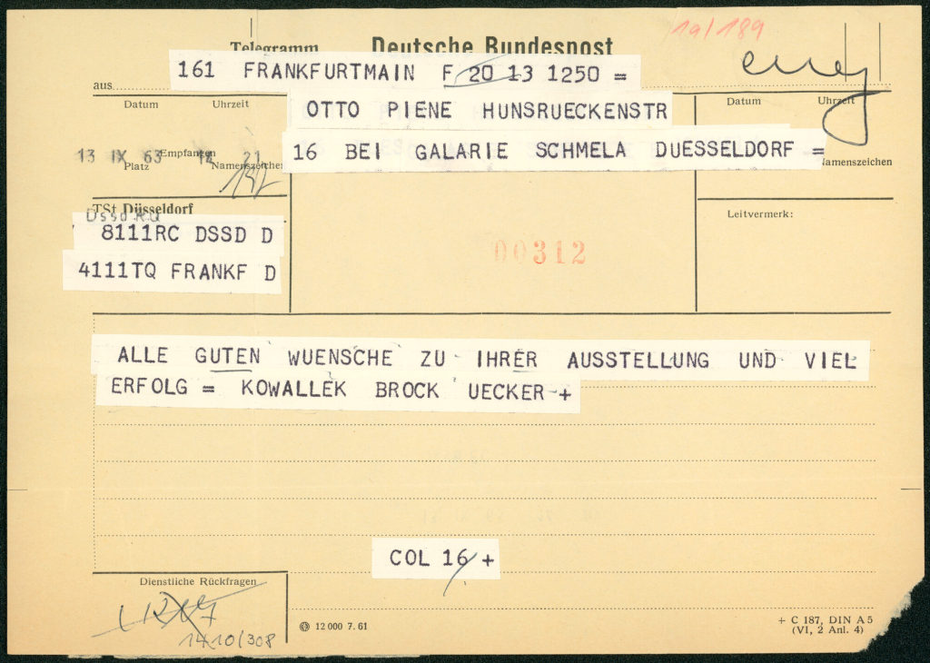 Glückwunschtelegram an Otto Piene bei Galerie Schmela Duesseldorf