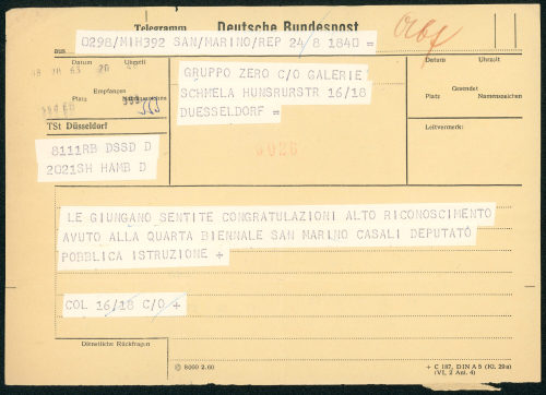 Biennale Internazionale d'Arte di San Marino (Absender*in), Glückwunschtelegramm, 08.07.1963