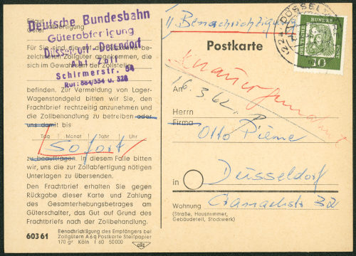 Otto Piene (Empfänger*in), Korrespondenz der Deutschen Bundesbahn, Güterabfertigung, an Otto Piene, ??.03.1962