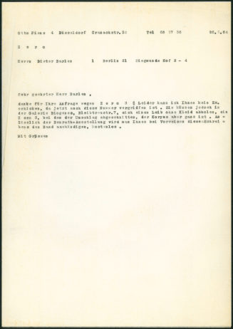 Korrespondenz von Otto Piene an Dieter Barlen, Berlin