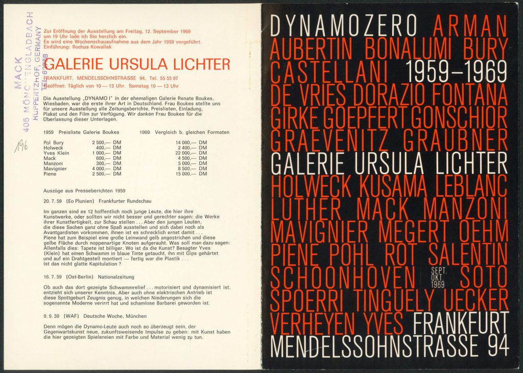 Dynamo ZERO 1959-1969. Galerie Ursula Lichter, Frankfurt am Main, (??).09. -(??).10.1969