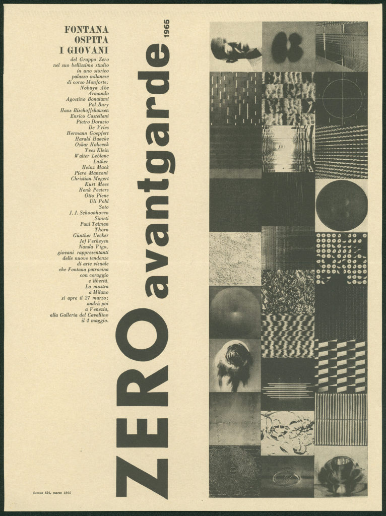 ZERO avantgarde 1965. Atelier Fontana, Mailand, 27.03.1965, Galleria del Cavallino, Venedig, 04.05.1965