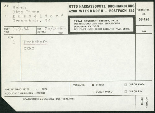 Bestellschein von Otto Harrassowitz, Buchahndlung, Wiesbaden, 01.09.1964