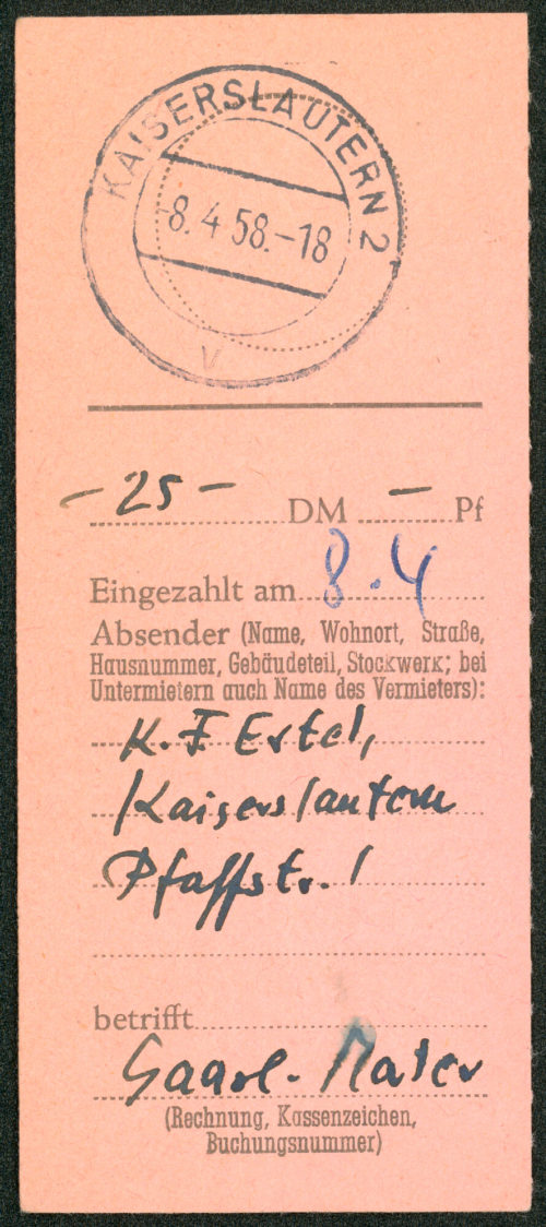 Einzahlungsbeleg von K. F. Ertel, 08.04.1958