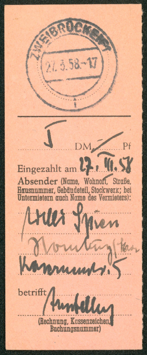 Einzahlungsbeleg von Willi Spiess, 27.03.1958