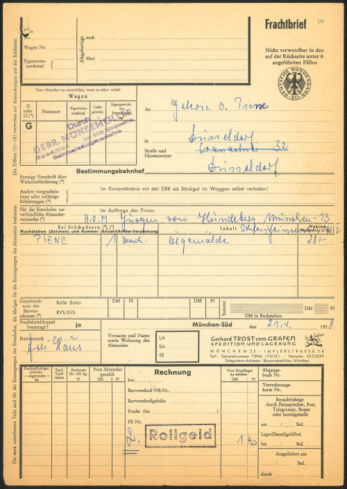 Frachtbrief über ein Bild für die 7. Abendausstellung, 21.04.1958