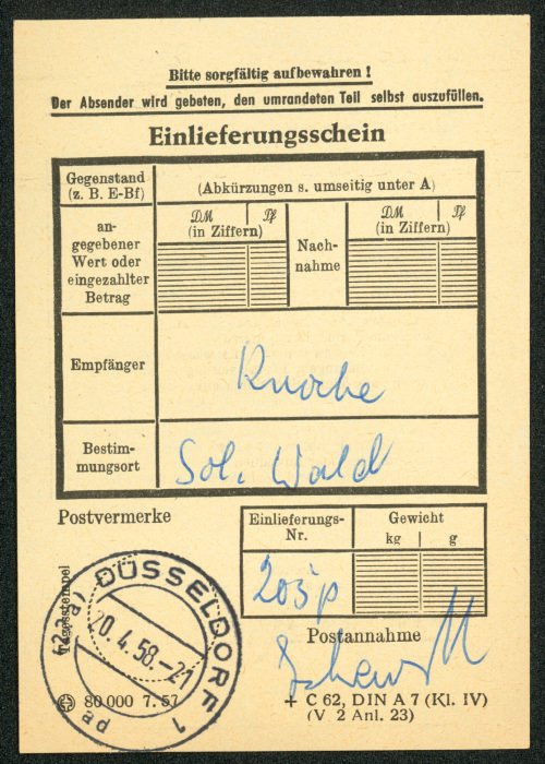 Einlieferungsschein über Sendung an "Knoche, Sol. Wald", 20.04.1958