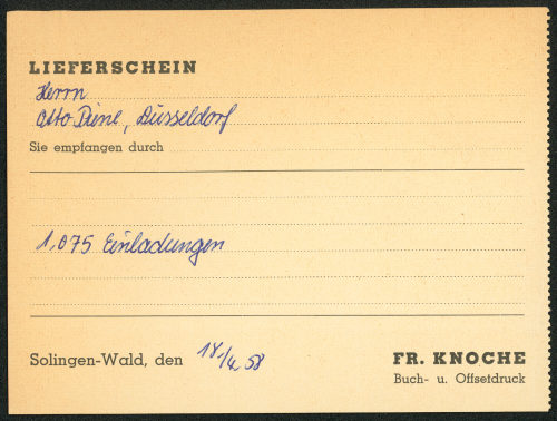 Lieferschein, Fr. Knoche an Otto Piene, 18.04.1958