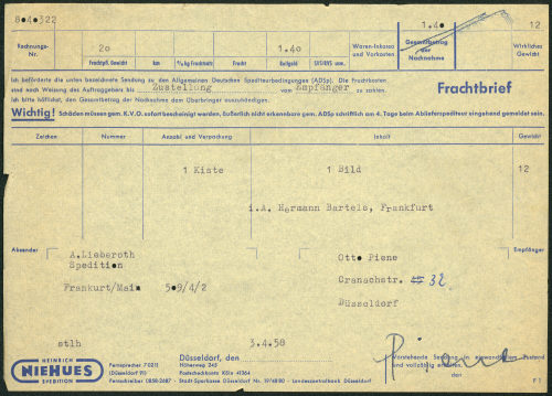 Hermann Bartels (Absender*in), Frachtbrief über ein Bild für die 7. Abendausstellung, 03.04.1958