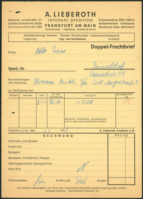 Hermann Bartels (Absender*in), Frachtbrief über ein Bild für die 7. Abendausstellung, 01.04.1958