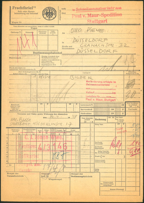 Hal Busse (Erwähnt), Frachtbrief über ein Bild für die 7. Abendausstellung, 14.04.1958