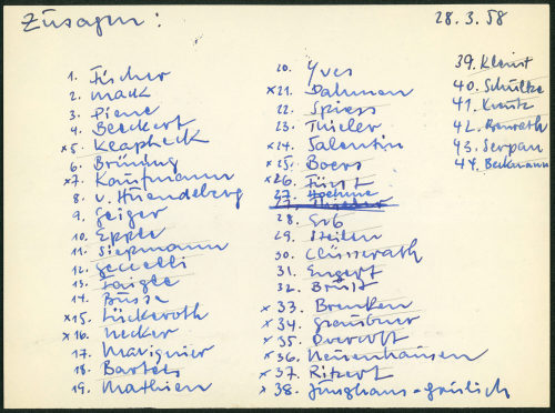 Heinz Mack (Erwähnt), Künstlerliste zur 7. Abendausstellung, betitelt mit "Zusagen", 28.03.1958