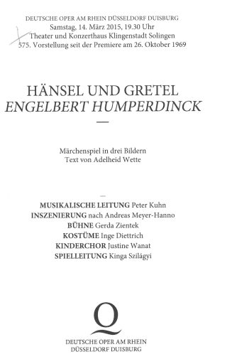 Besetzungszettel zu Gastspielen der Deutschen Oper am Rhein Düsseldorf Duisburg  "Hänsel und Gr ...